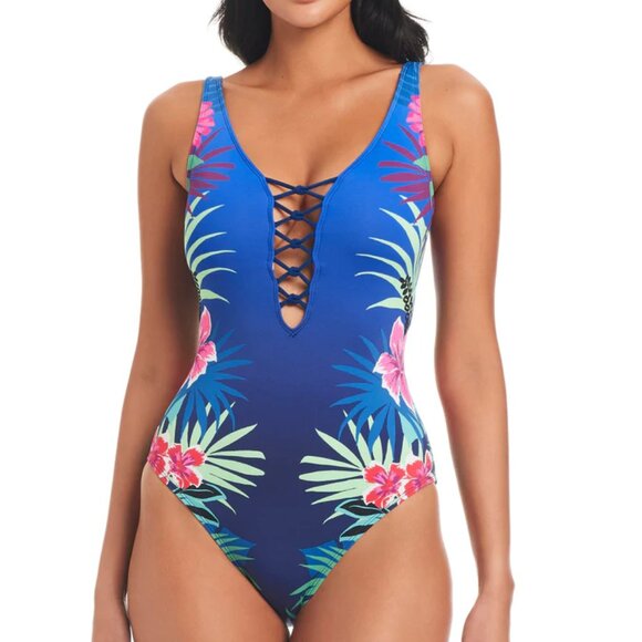 NWT Bleu Rod Beattie Hawaiian Punch Lace Down One Piece Swimsuit 8 - Picture 1 of 5